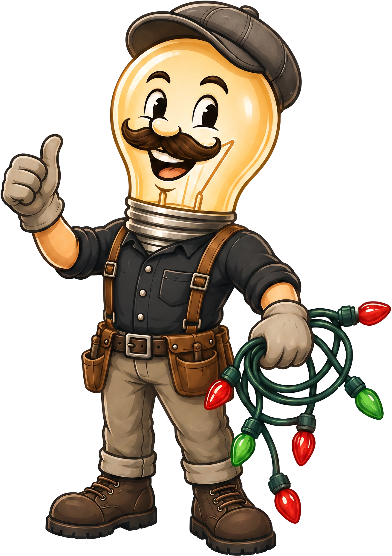 Golden Ridge Lighting mascot, a friendly light bulb tradesman holding Christmas lights