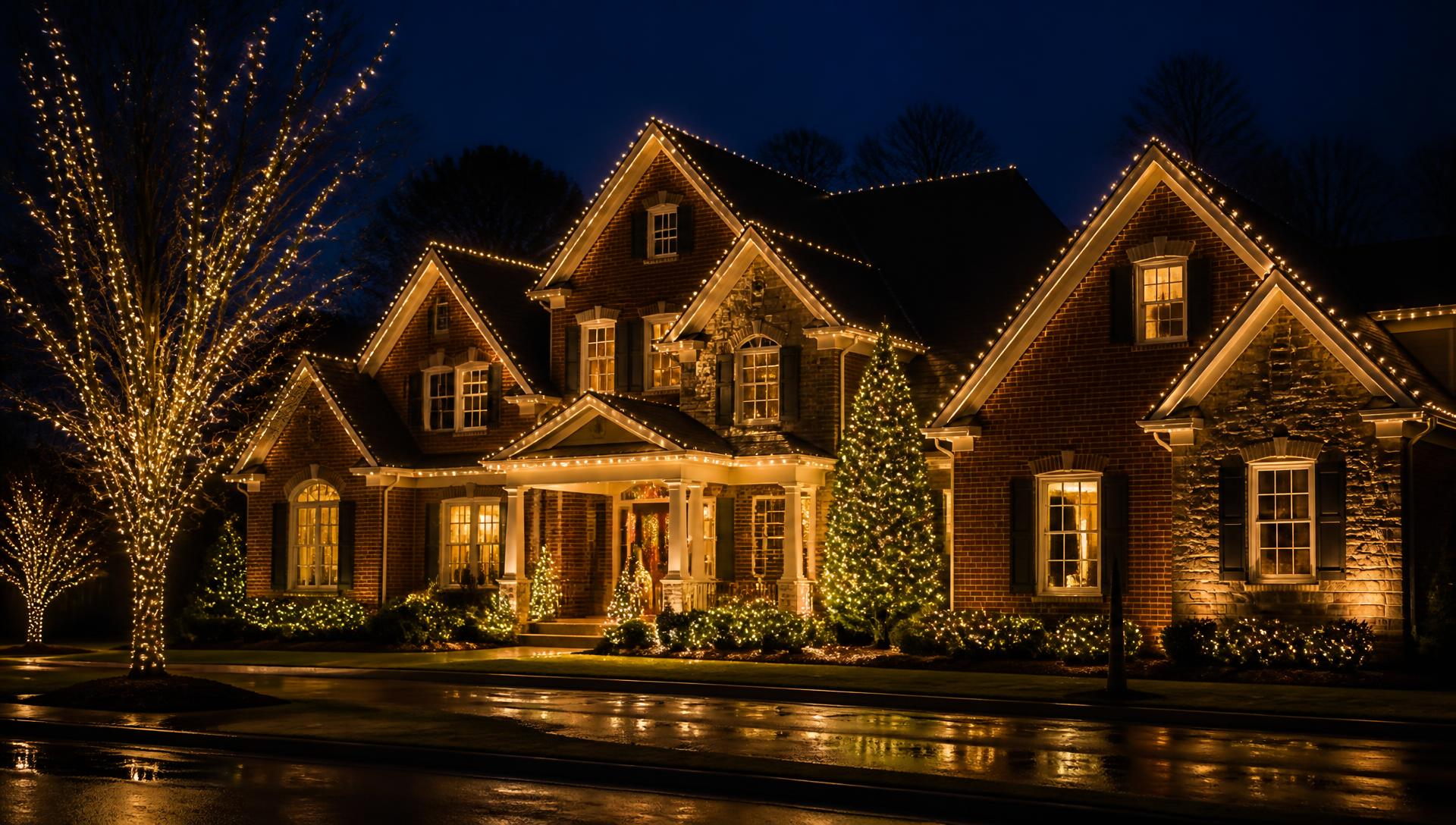 Christmas lights installed on a Central Iowa home at dusk